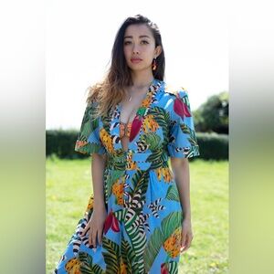 NWT FARM RIO Floral-print cotton-voile wide-leg jumpsuit